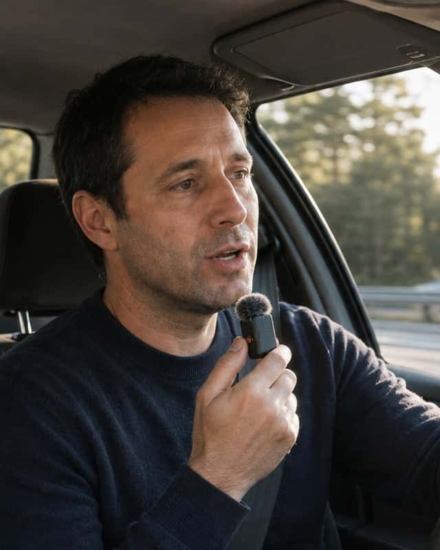 A station owner talking into a clip-on microphone from the front seat of his car
