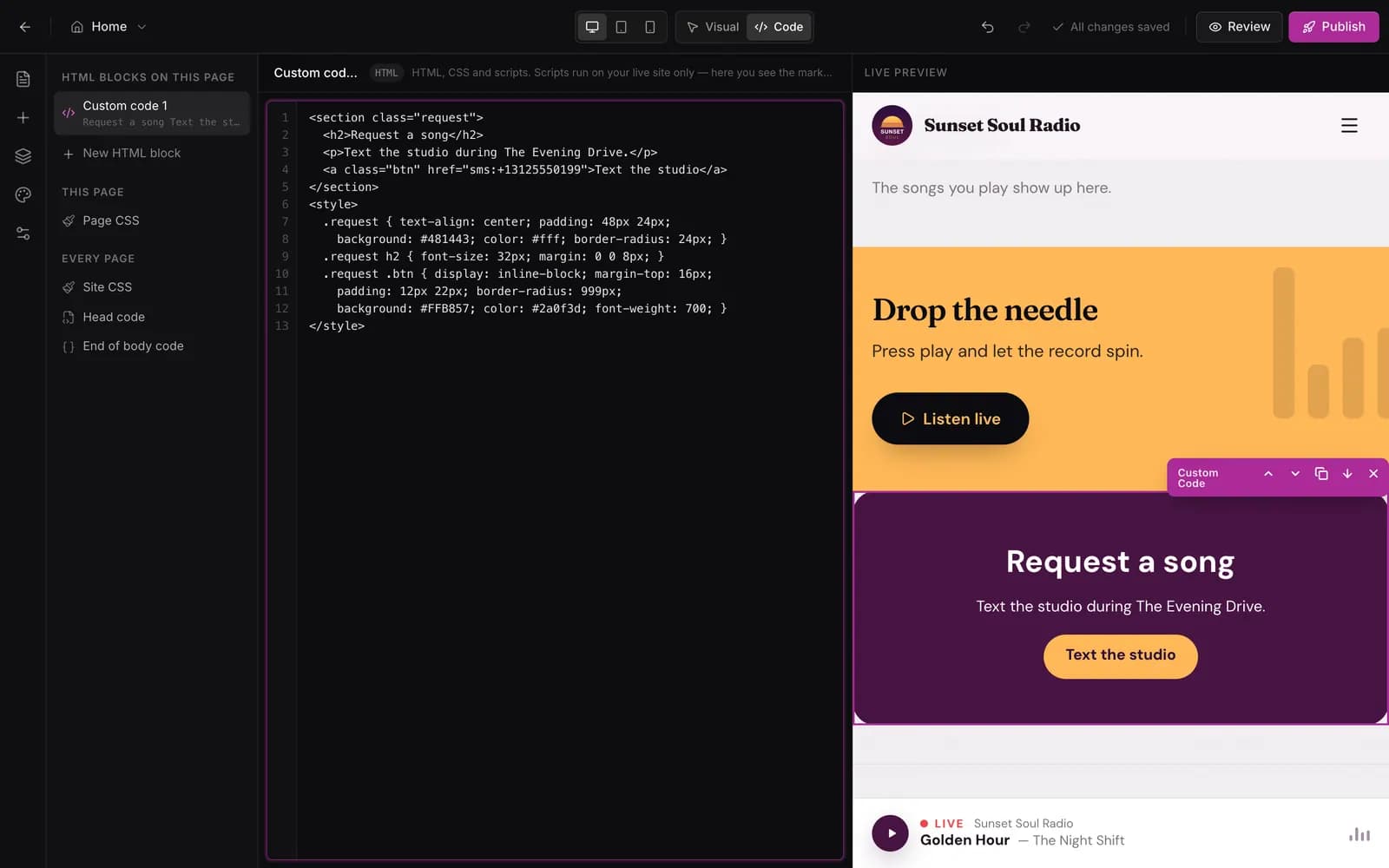 Code mode: an HTML block for a Request a song banner on the left and the live preview of the banner on the right