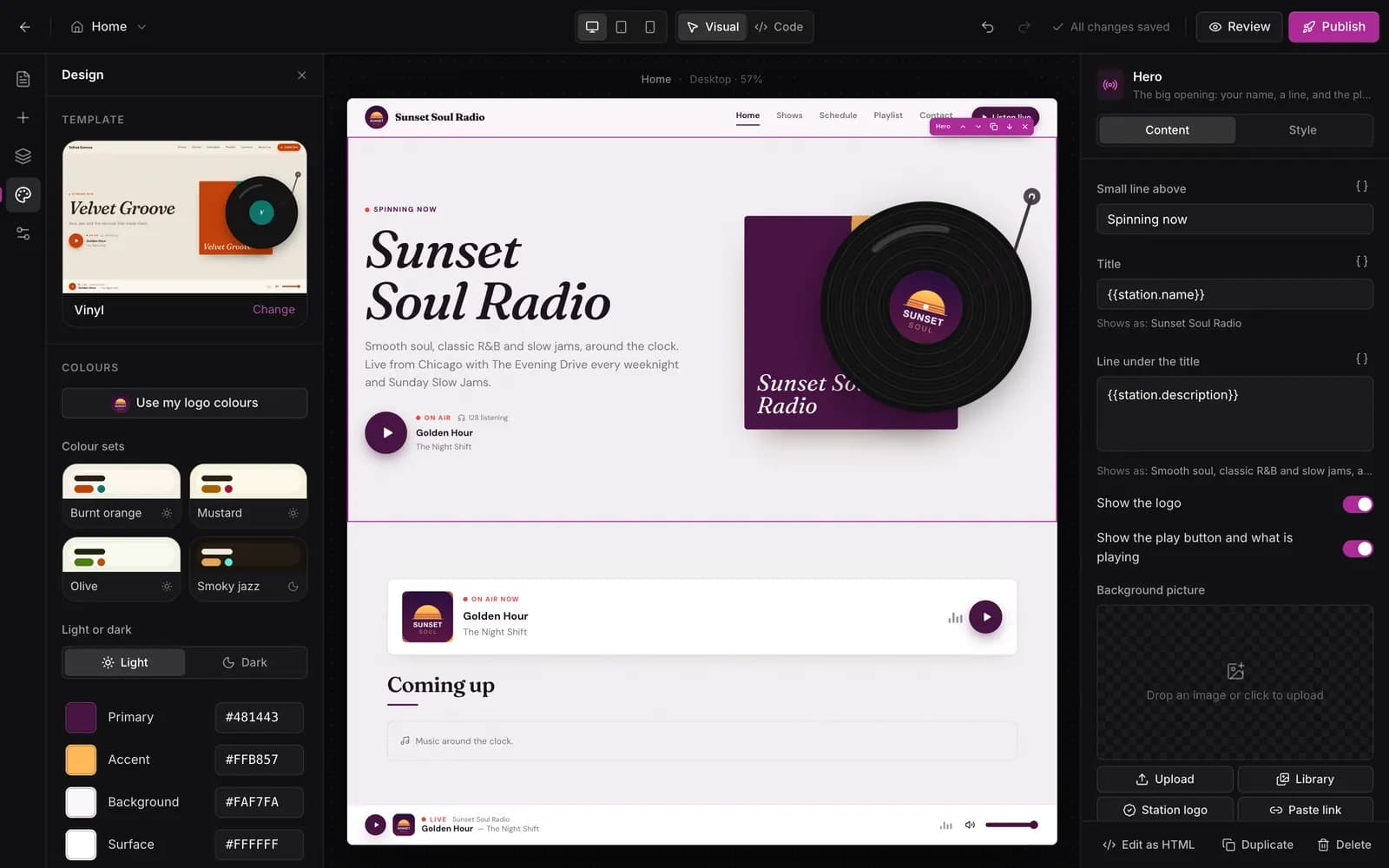The website editor: colour settings on the left, the home page in the middle with the hero selected, and its text fields on the right