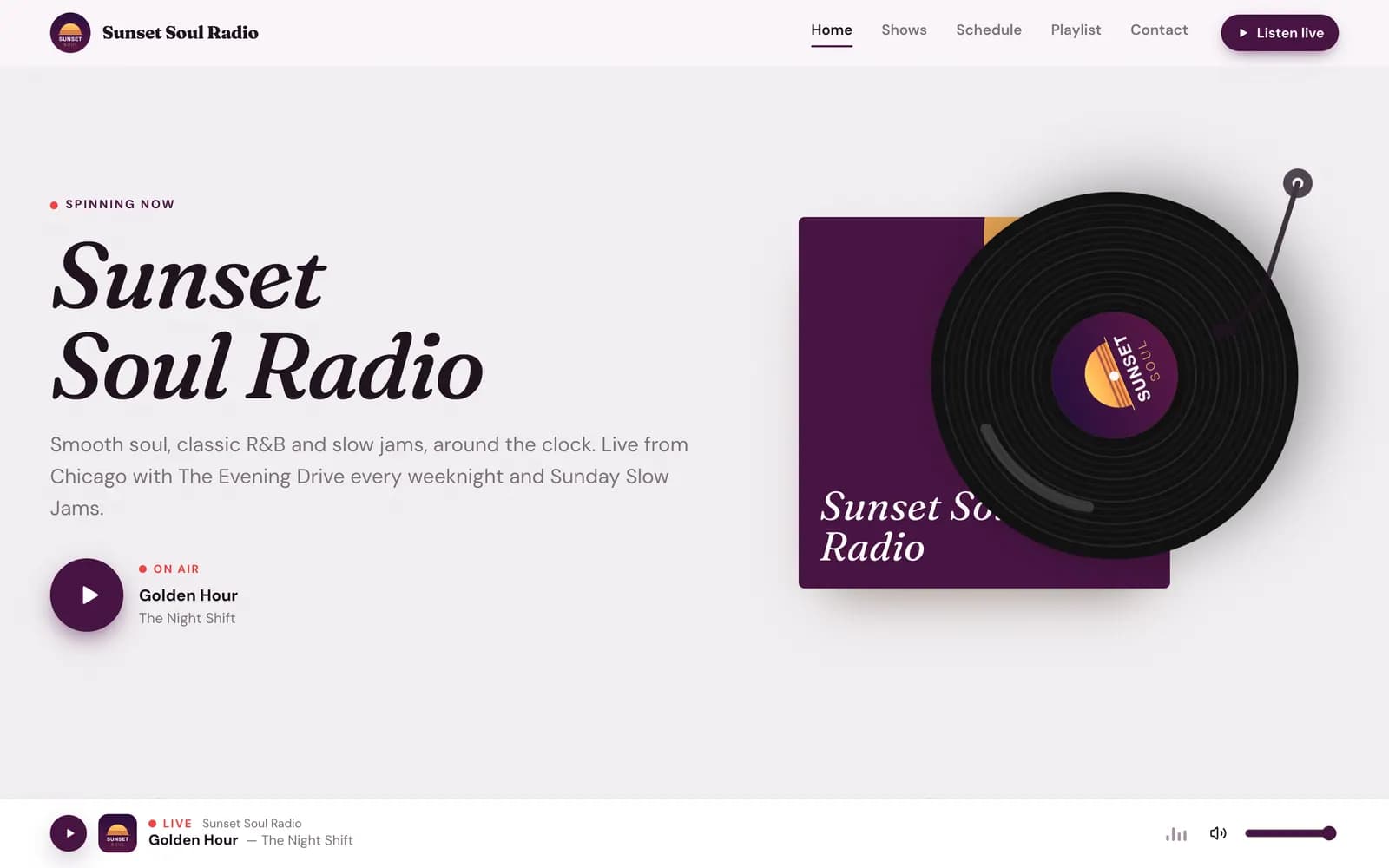 The home page of a station website made with the Vinyl template in the station’s logo colours: the station name, its description, a play button with the song on air, and a player bar at the bottom