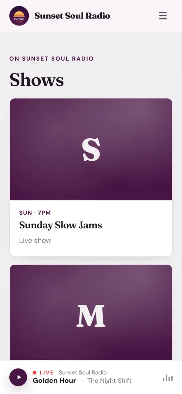 The Shows page on a phone, with the player still playing at the bottom