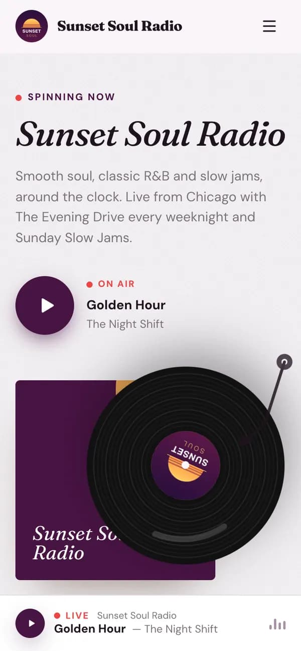 The same station website on a phone, with the player bar along the bottom