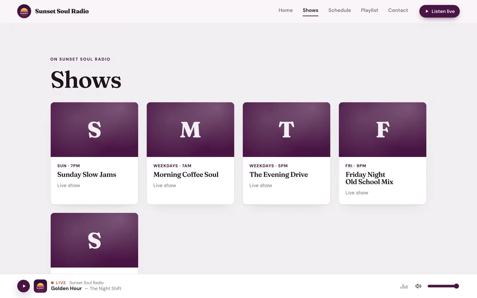 The Shows page of the station website, with a card for each show and its day and time