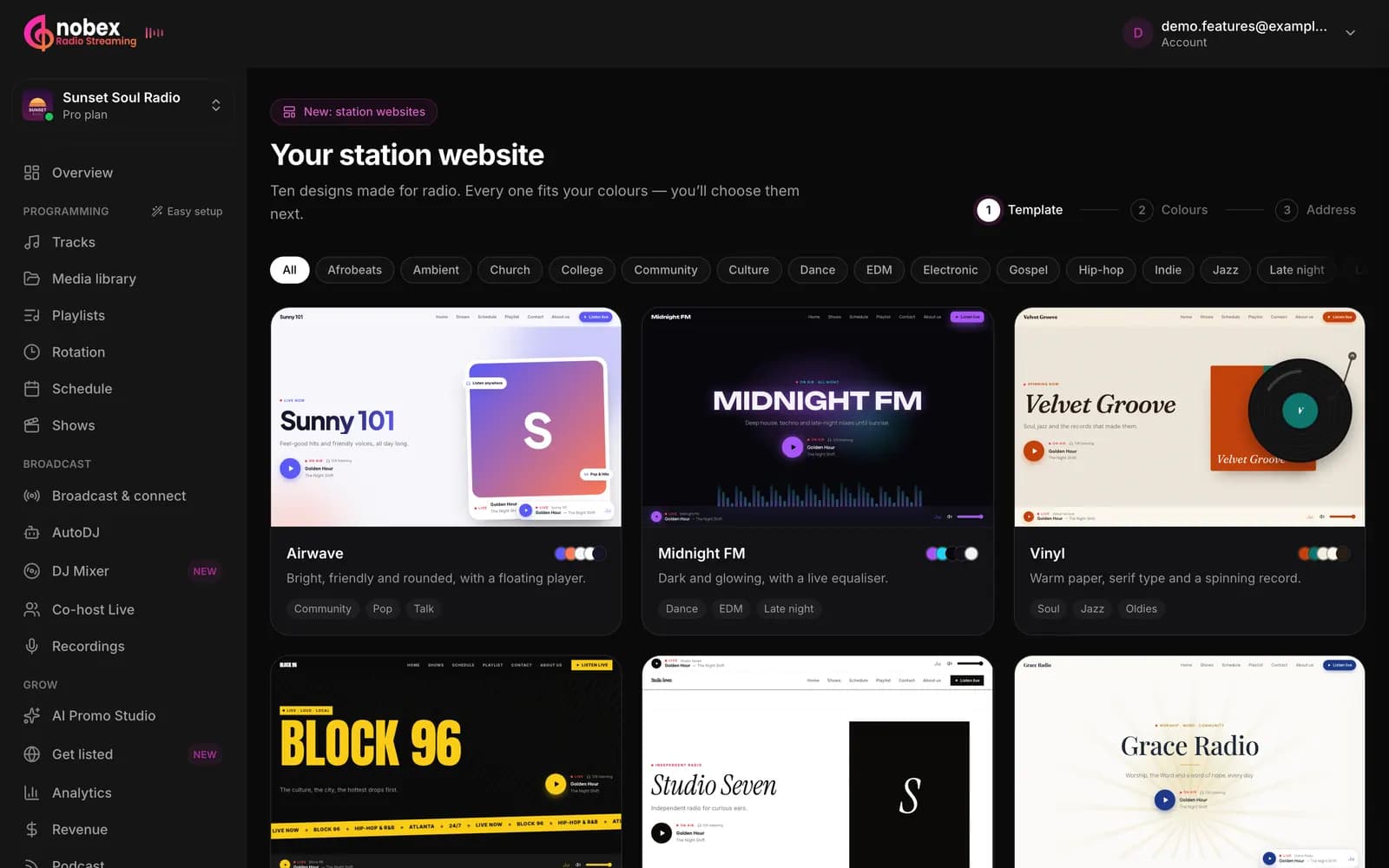 The template gallery in the dashboard: Airwave, Midnight FM, Vinyl and more, with genre filters along the top