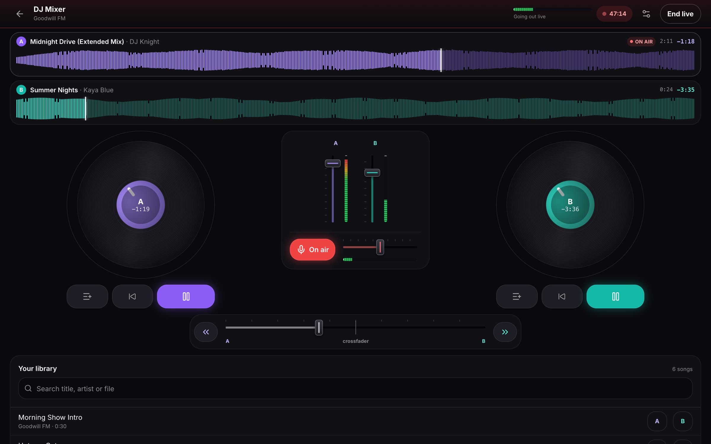 The Nobex DJ Mixer live on air: two decks with spinning jog wheels and waveforms, channel faders, the mic switched on and a crossfader, with the station’s live timer running.