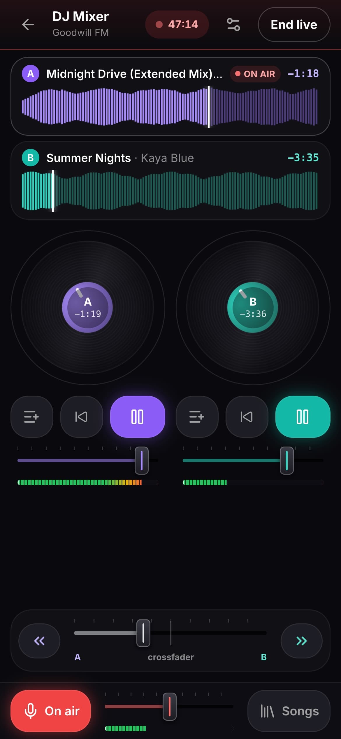 The DJ Mixer on an iPhone while live: both decks playing, the crossfader, and the mic on air.