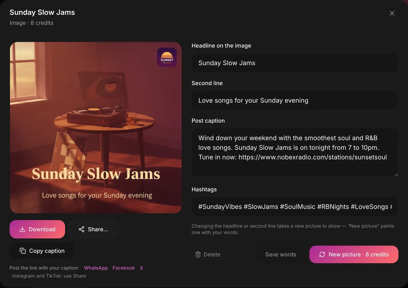 A finished image with its headline, second line, post caption and hashtags beside it, and Download, Share and Copy caption buttons