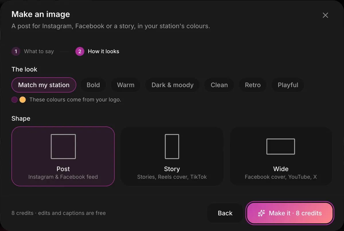 Make an image, step 2: the seven looks and the Post, Story and Wide shapes