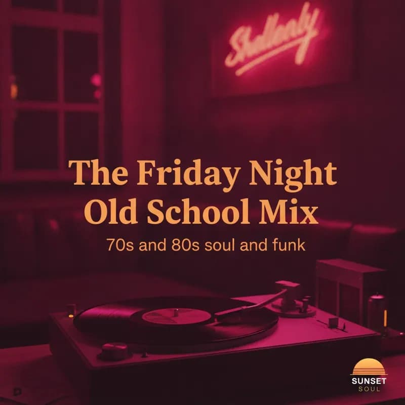 Square post in the Retro look: The Friday Night Old School Mix, 70s and 80s soul and funk, a turntable under neon light