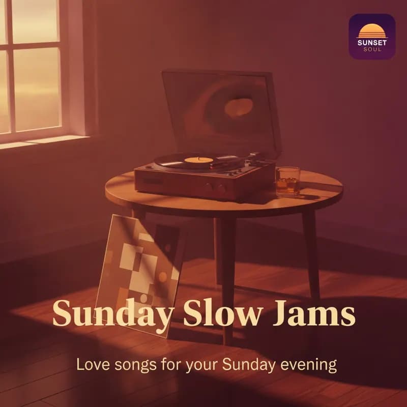 A square post for Sunday Slow Jams: a record player in a warm sunlit room, the station logo top right, and the headline Sunday Slow Jams, Love songs for your Sunday evening