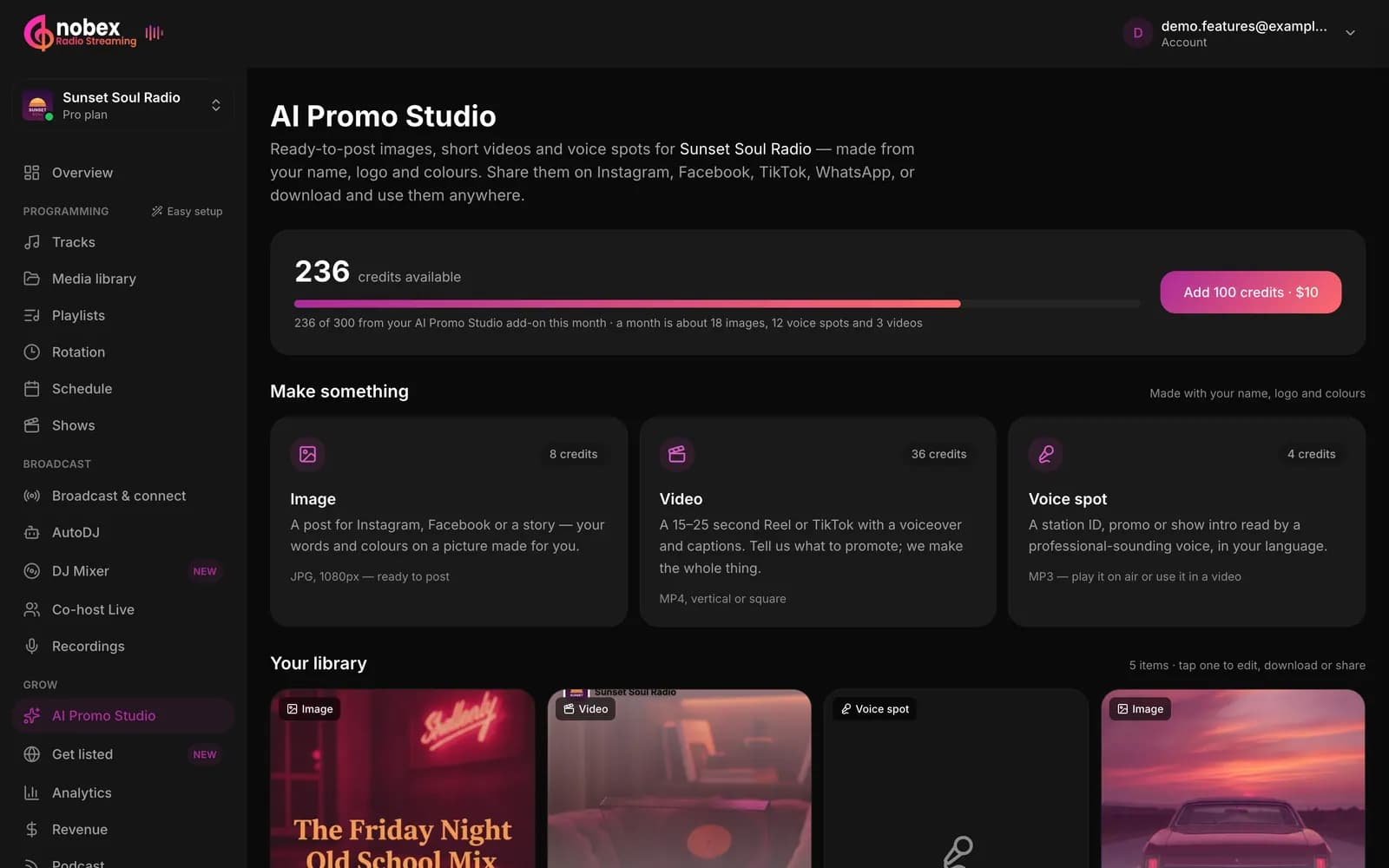 The AI Promo Studio page in the dashboard: credits available, and Image, Video and Voice spot cards with their credit costs