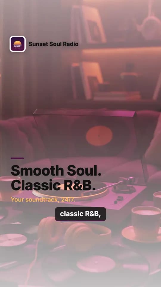 A frame from a vertical promo video: the station logo, the caption Smooth Soul. Classic R&B. and a burned-in subtitle