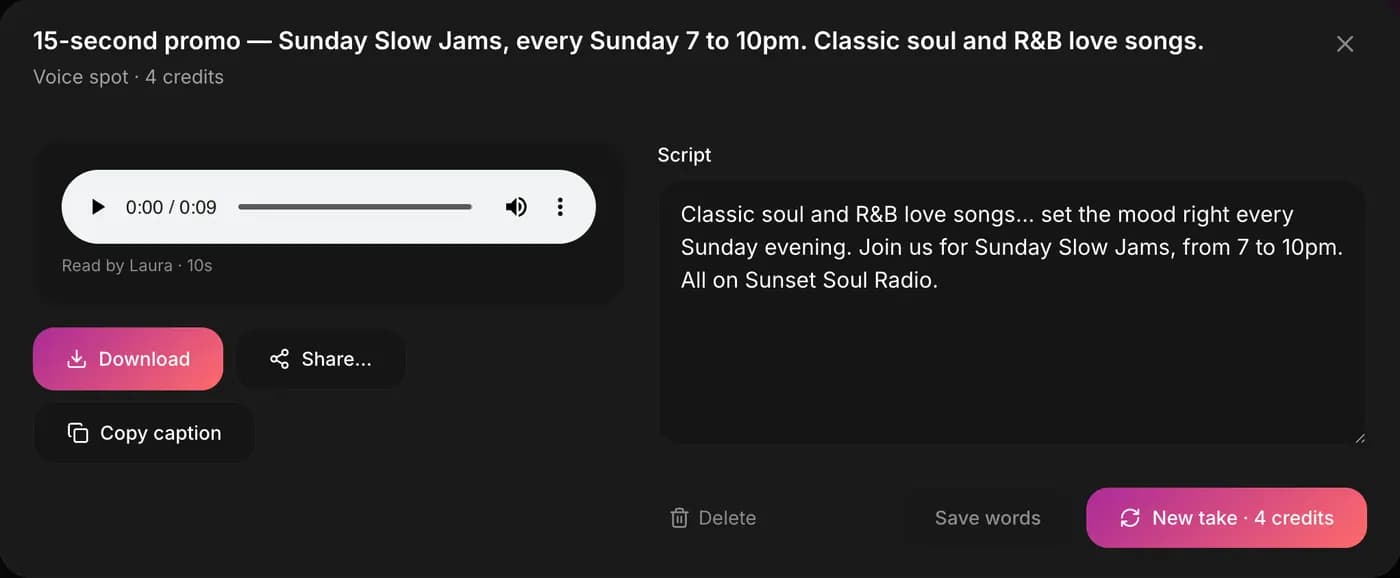 A finished 15-second promo voice spot: an audio player, Download, Share and Copy caption buttons, and the script it was read from