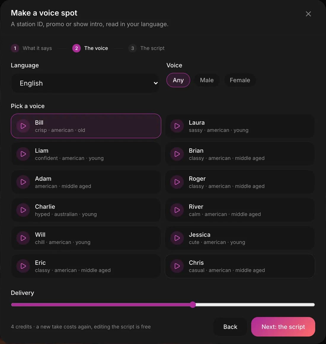 Make a voice spot, step 2: language, voice gender, a list of voices with a play button each, and the delivery slider