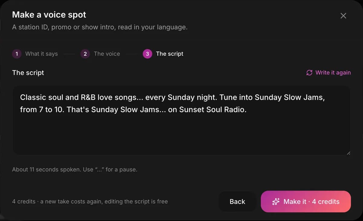 Make a voice spot, step 3: the script written for the promo, ready to edit, with its spoken length
