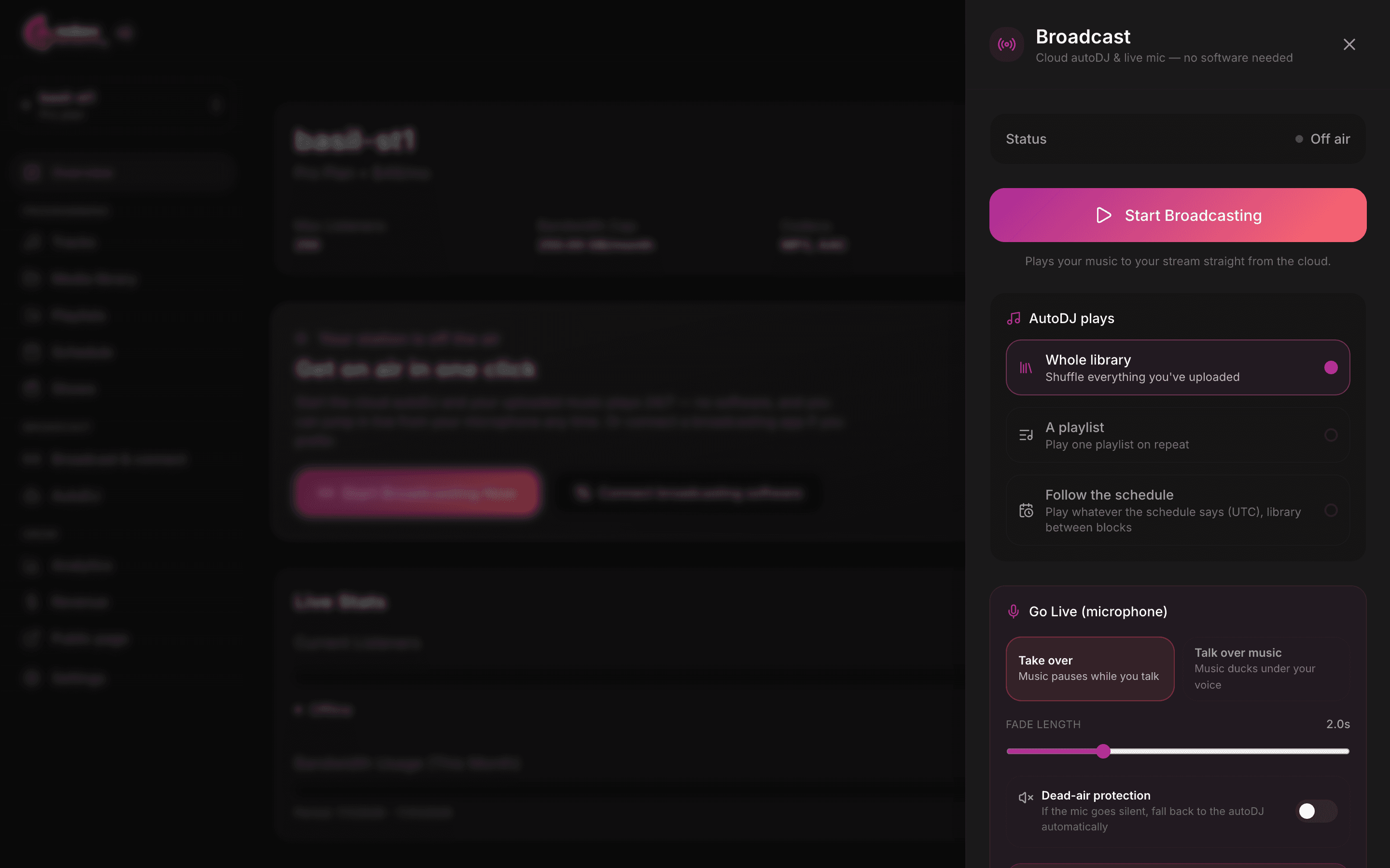 The broadcast panel with Start Broadcasting and the AutoDJ source selector
