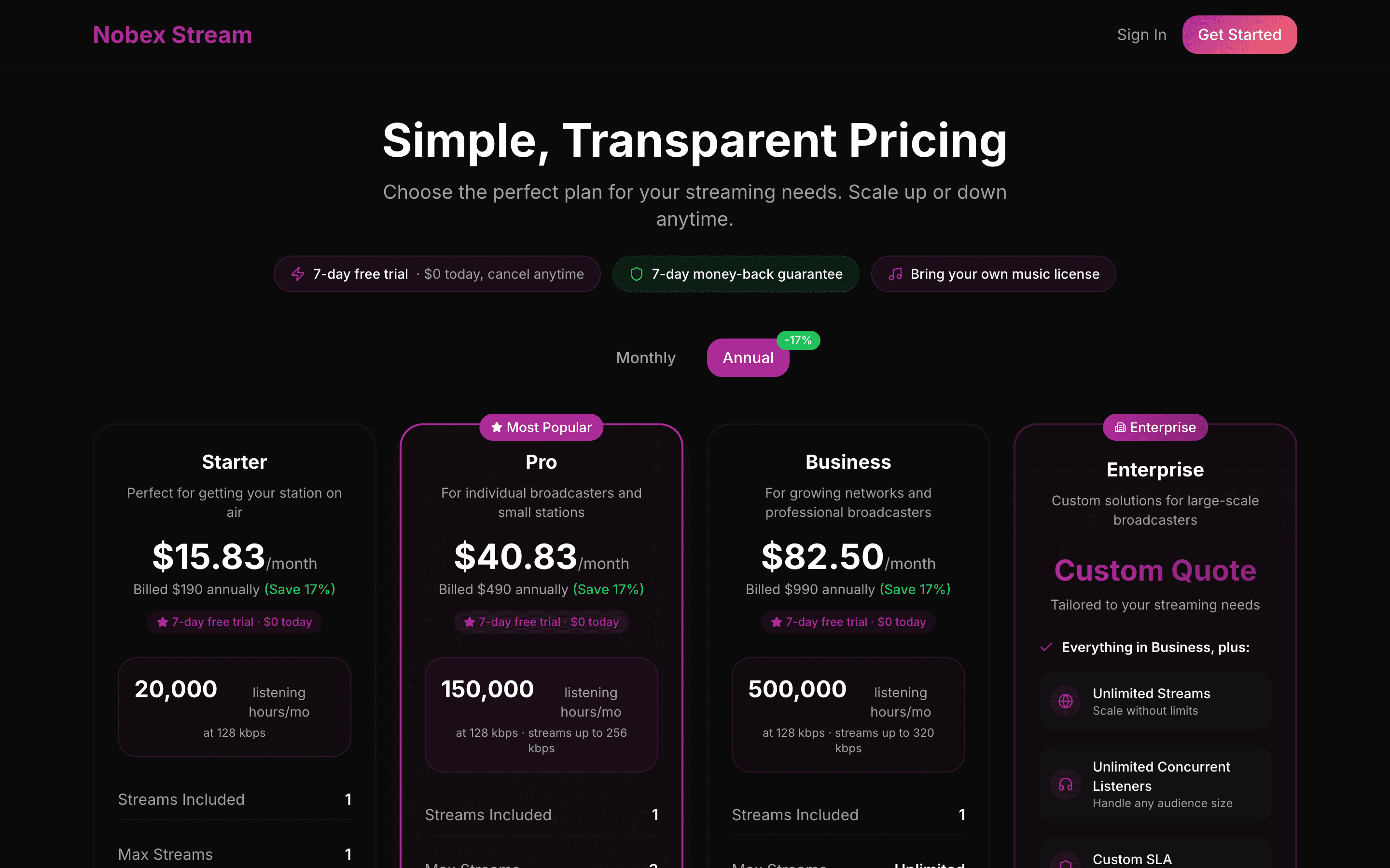 The Nobex Radio pricing page with Starter, Pro and Business plans