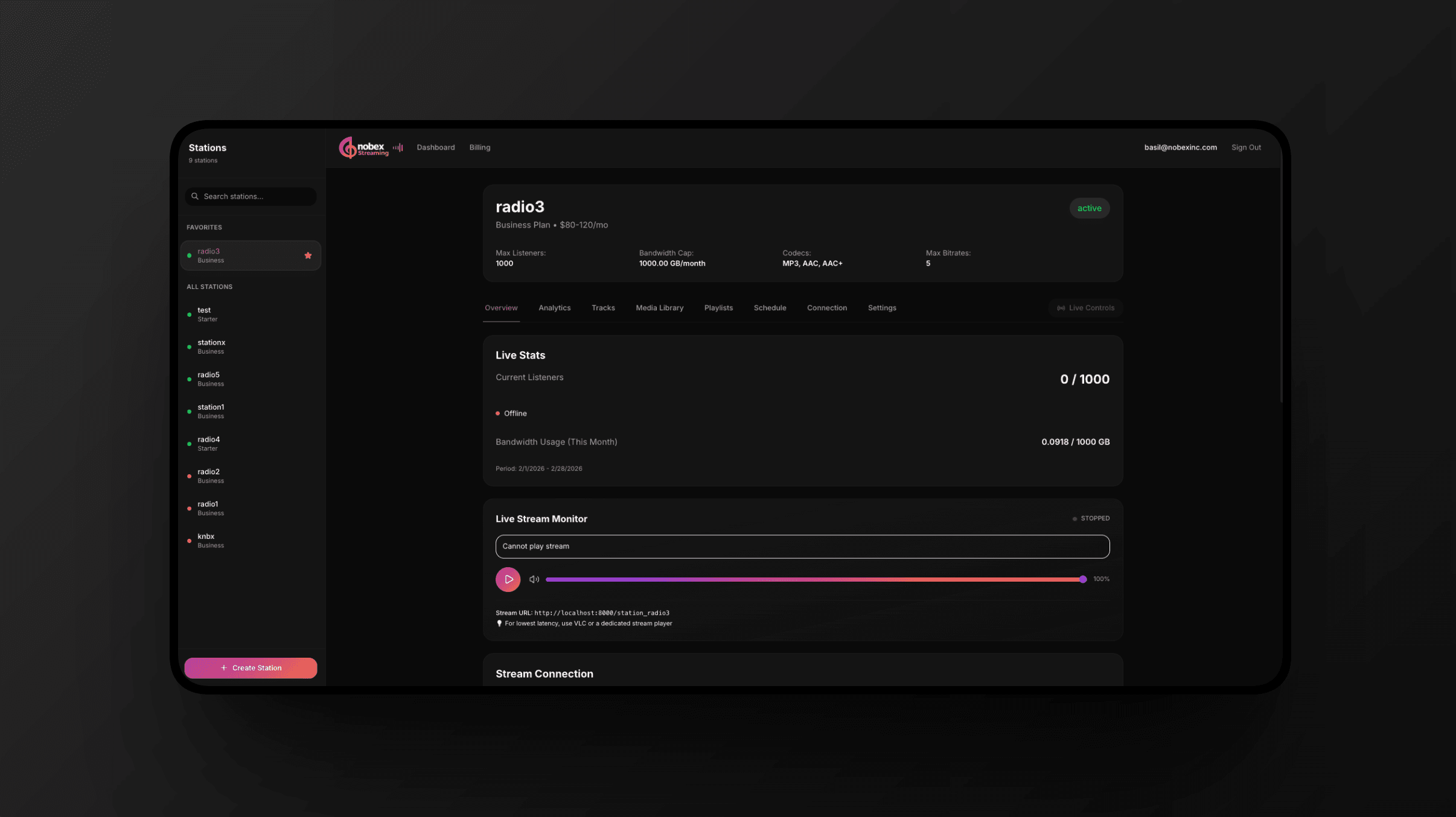 The Nobex Radio station dashboard showing live stats, the stream monitor and connection details