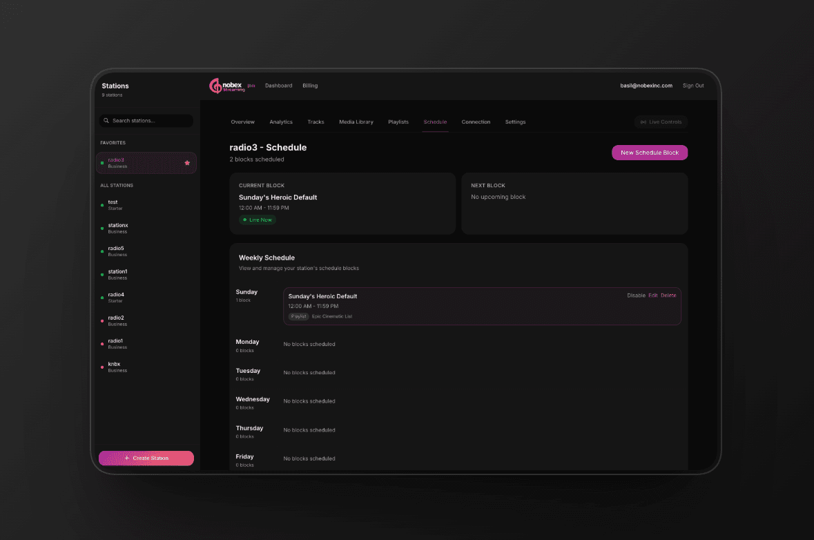 The weekly Schedule view with a live block